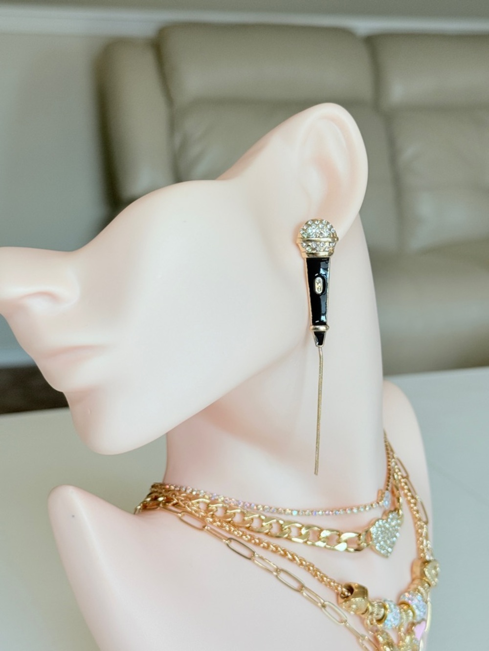 Gold Tone Black Microphone Drop Earrings